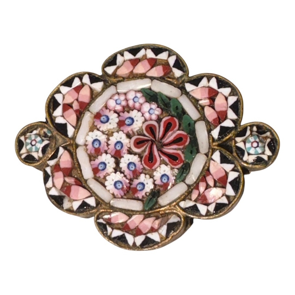 Antique Italian Micro Mosaic Floral Brooch Victorian Brass J41